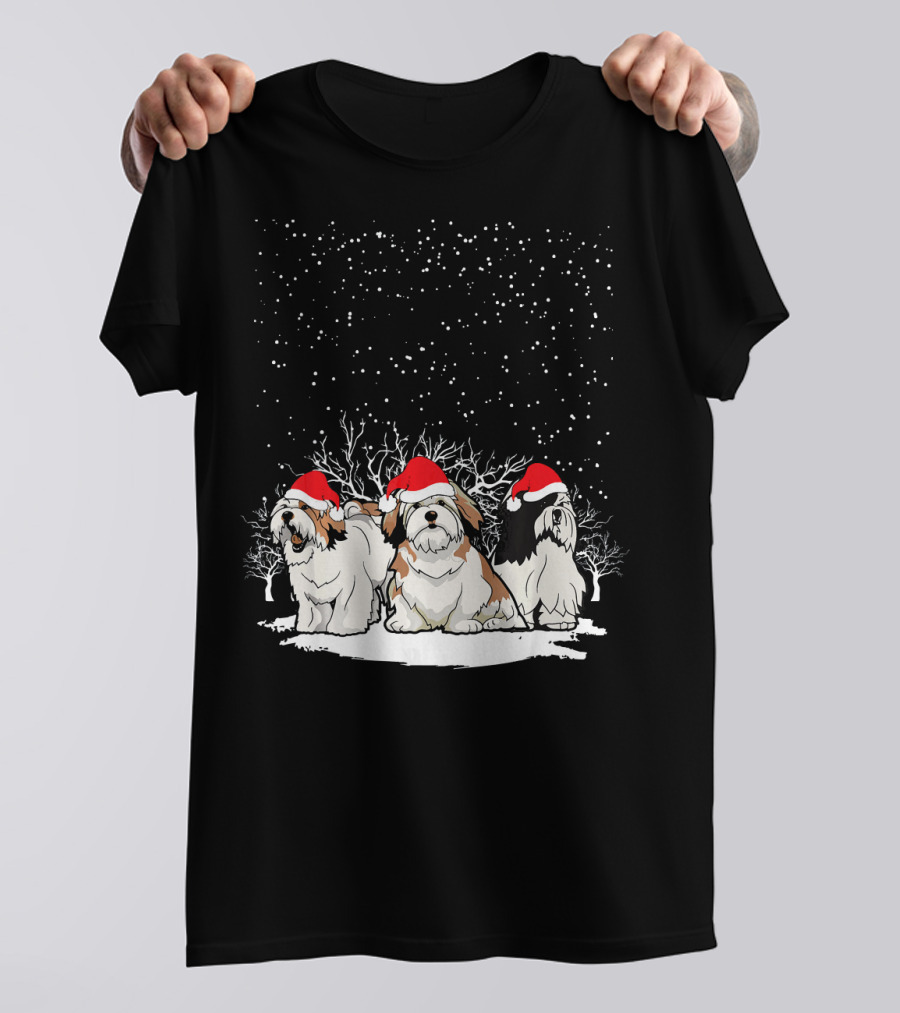 Cute Lhasa Apso Christmas Snow Dog Trio With Santa Hats T-Shirt