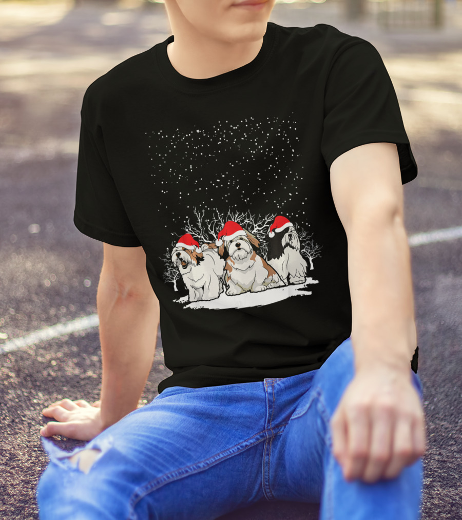 Cute Lhasa Apso Christmas Snow Dog Trio With Santa Hats T-Shirt