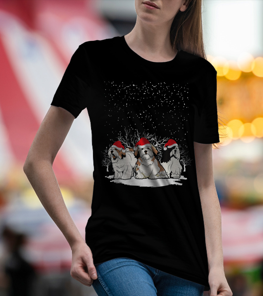 Cute Lhasa Apso Christmas Snow Dog Trio With Santa Hats T-Shirt