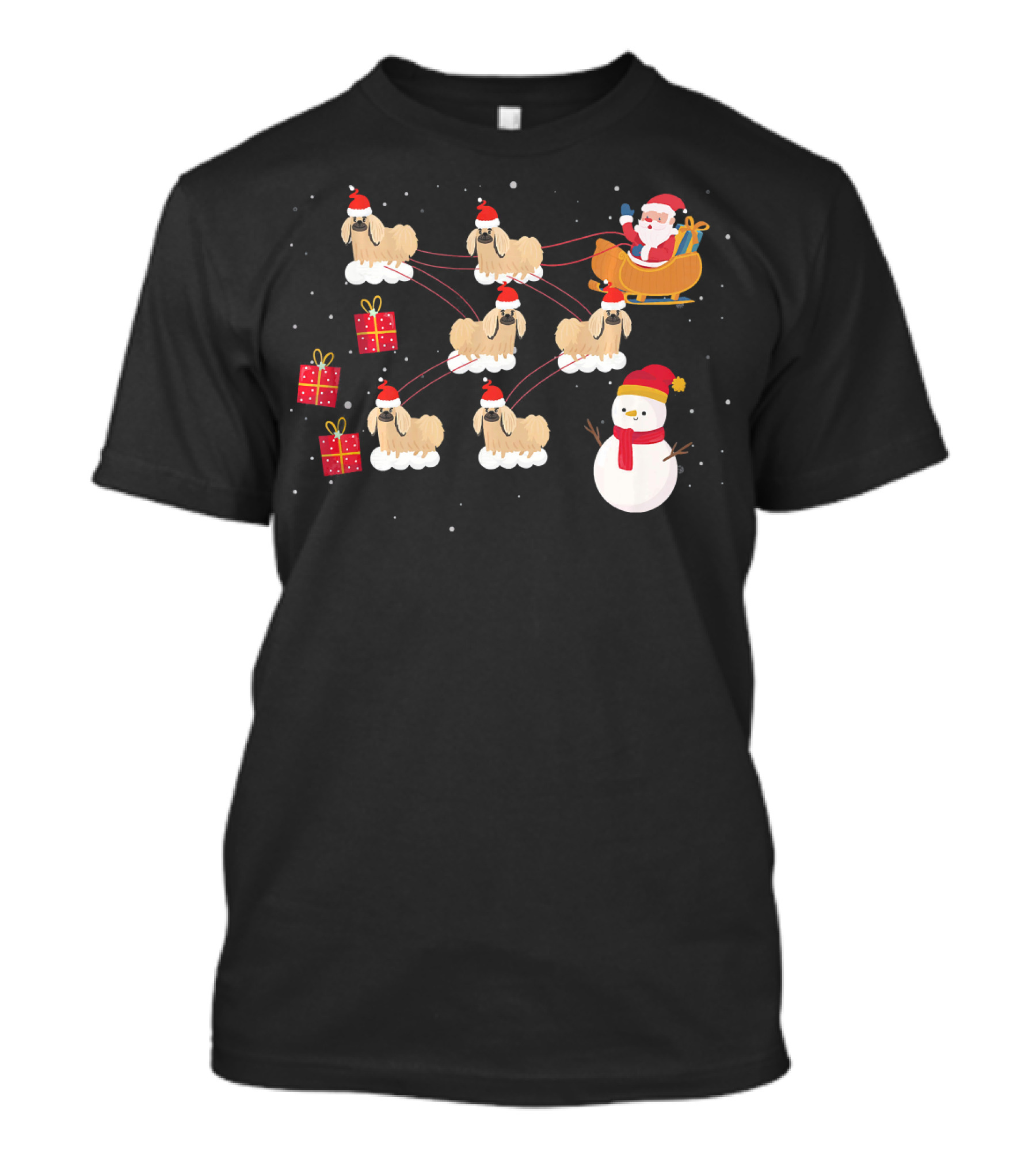 Santa's Sleigh Pulled By Pekingese Dogs With Snowman And Gifts T-Shirt