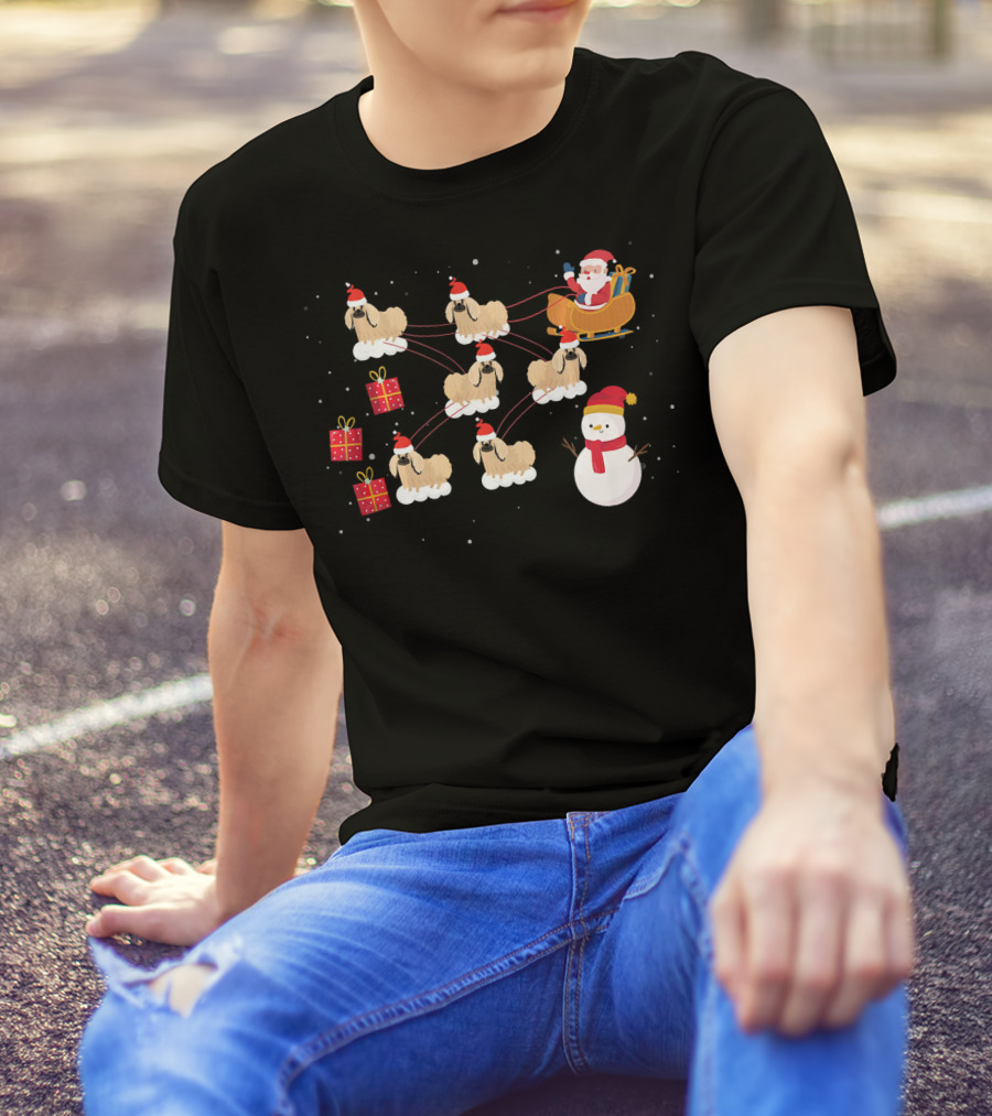Santa's Sleigh Pulled By Pekingese Dogs With Snowman And Gifts T-Shirt