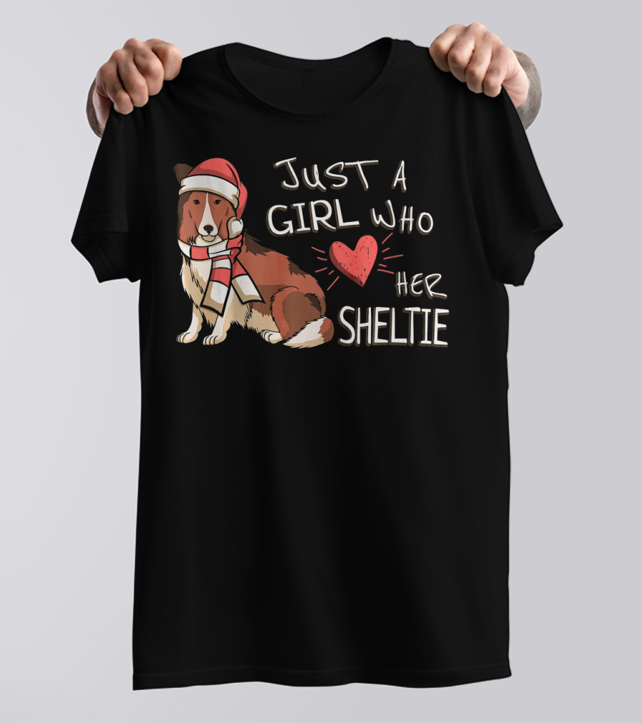 Just A Girl Who Loves Her Sheltie With Santa Hat T-Shirt