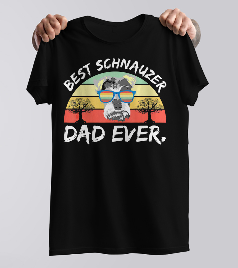 Best Schnauzer Dad Ever Funny Pet Dog Wearing Sunglasses With Vintage Sunset Background T-Shirt