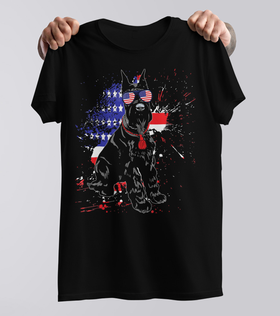 Funny Giant Schnauzer Independence Day American Flag Sunglasses Patriotic Dog T-Shirt