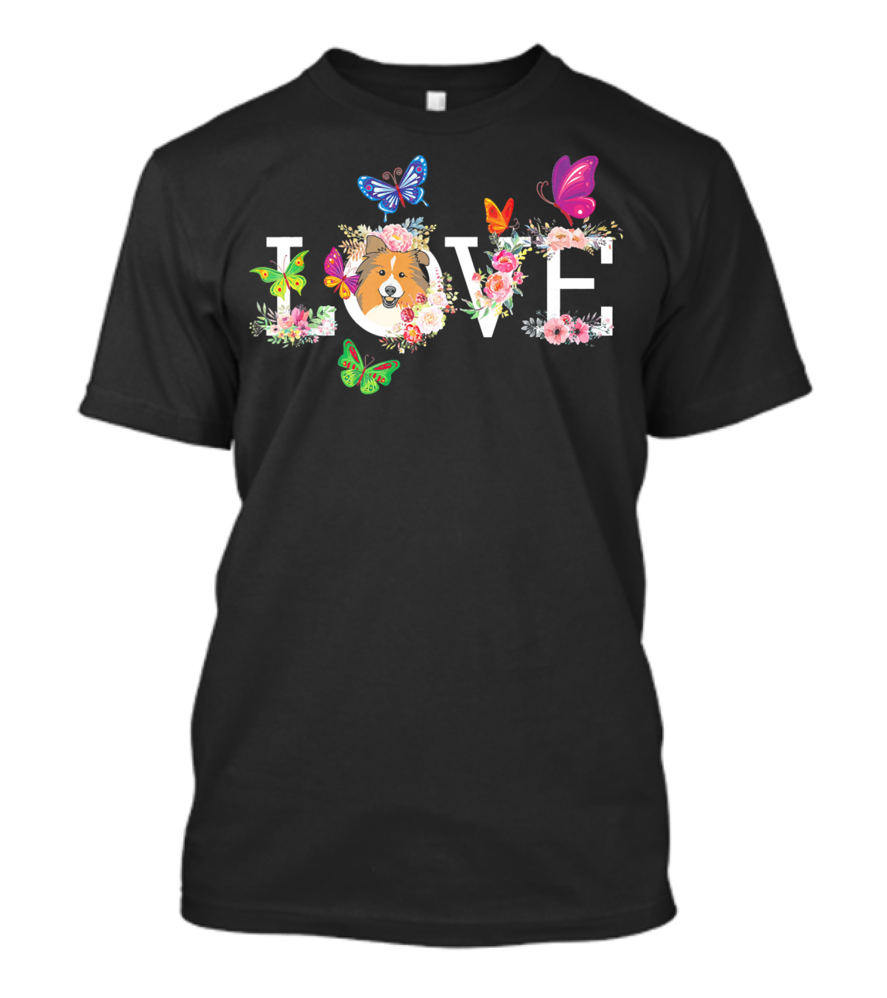 Love Sheltie Flower Butterfly Dog With Colorful Butterflies T-Shirt