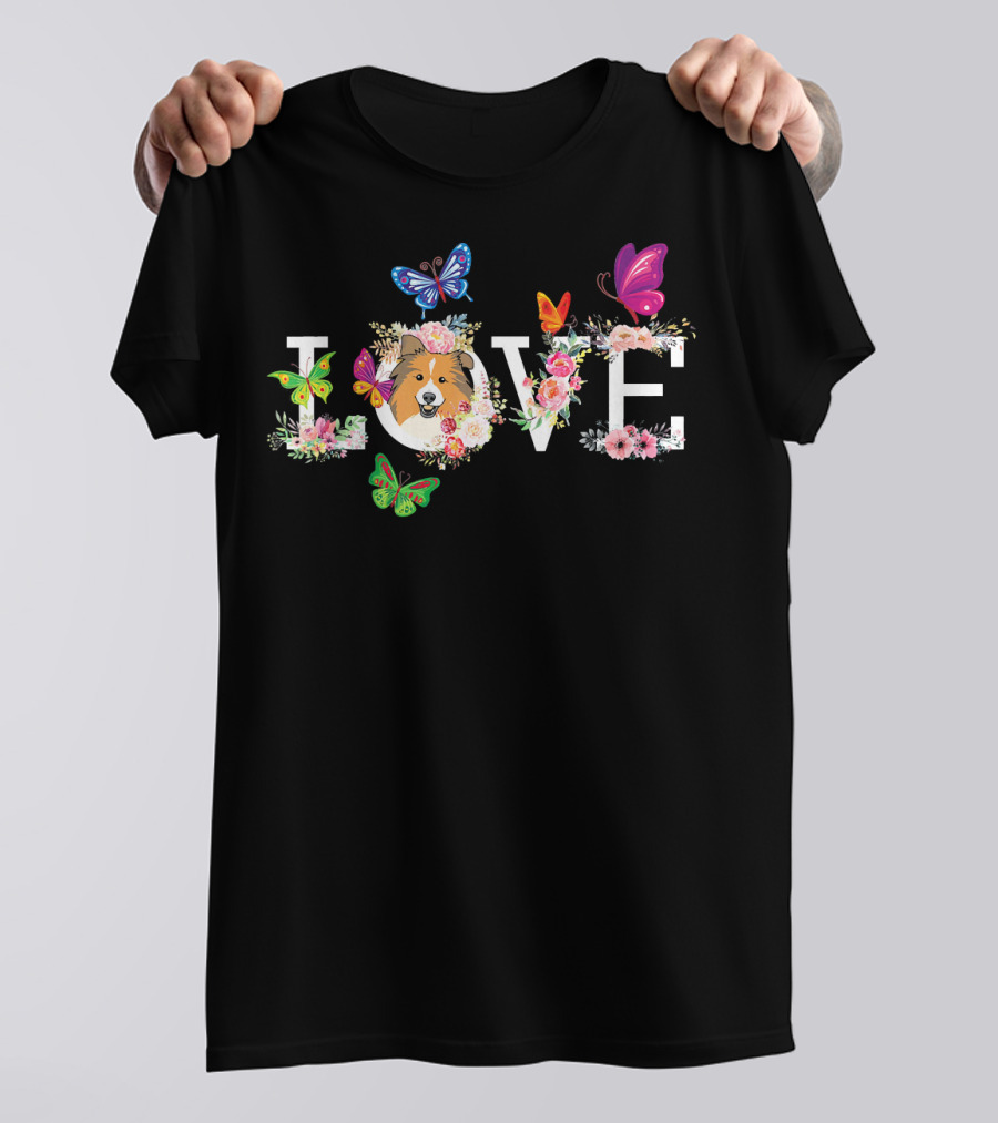 Love Sheltie Flower Butterfly Dog With Colorful Butterflies T-Shirt