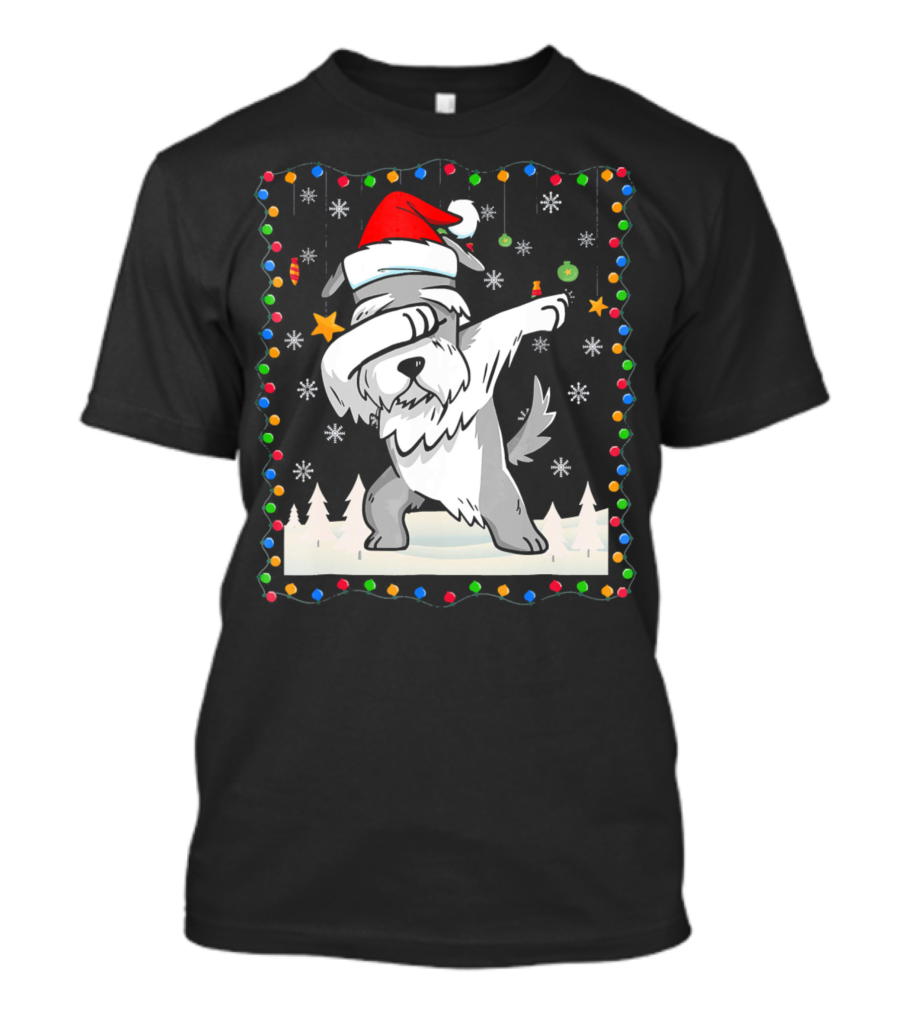 Schnauzer Santa Dabbing With Christmas Lights And Snowflakes T-Shirt