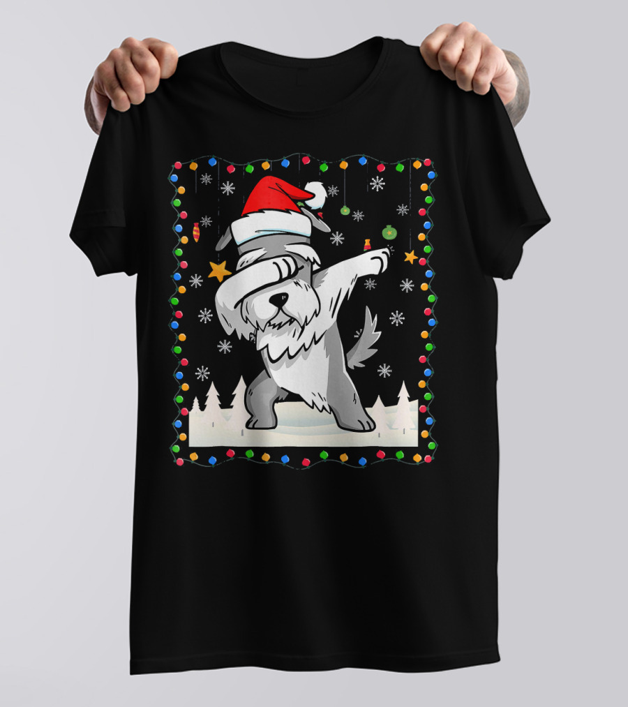 Schnauzer Santa Dabbing With Christmas Lights And Snowflakes T-Shirt