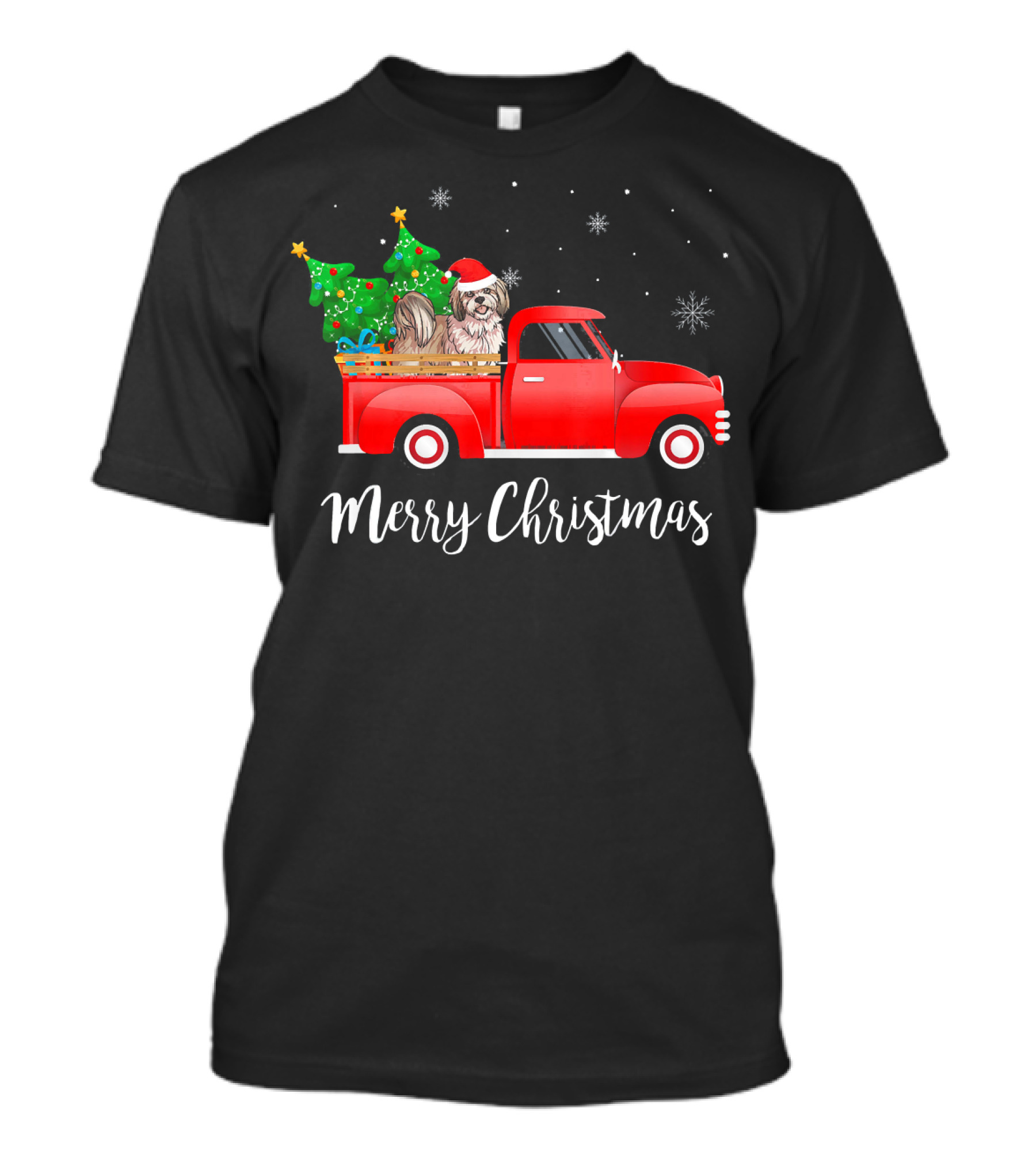 Merry Christmas Lhasa Apso Truck With Tree And Dog T-Shirt