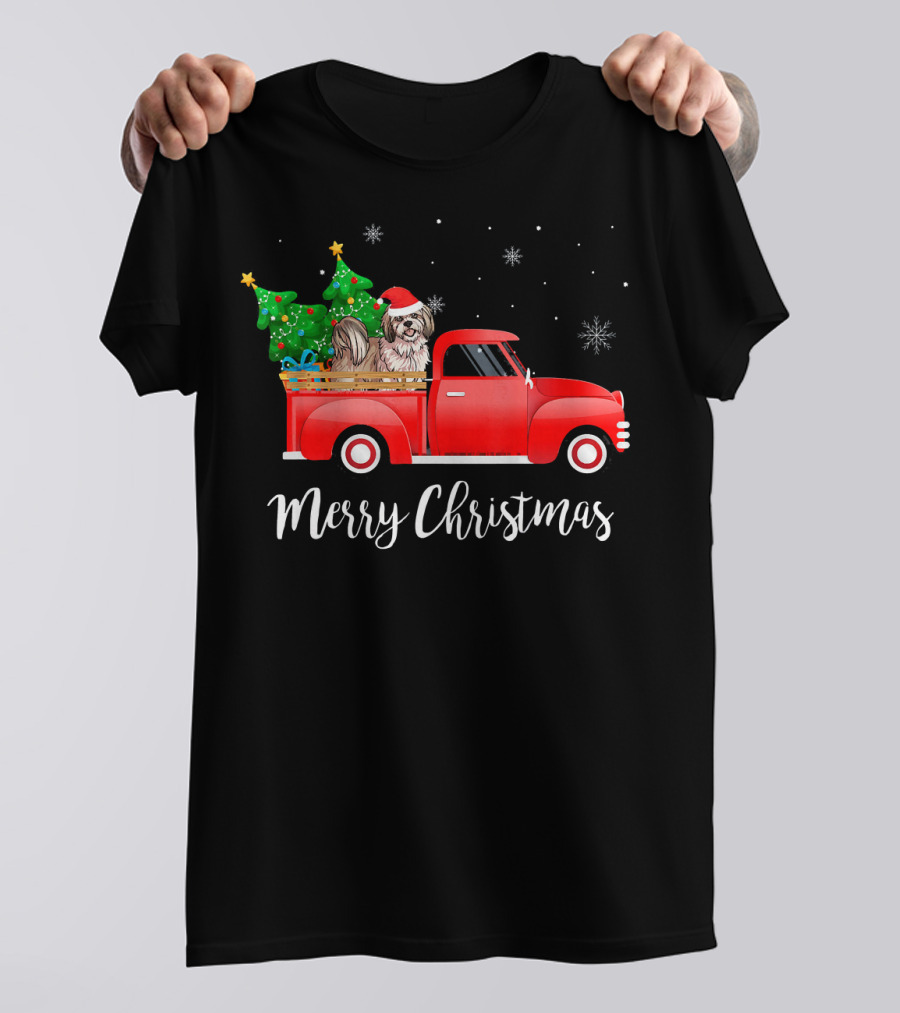 Merry Christmas Lhasa Apso Truck With Tree And Dog T-Shirt