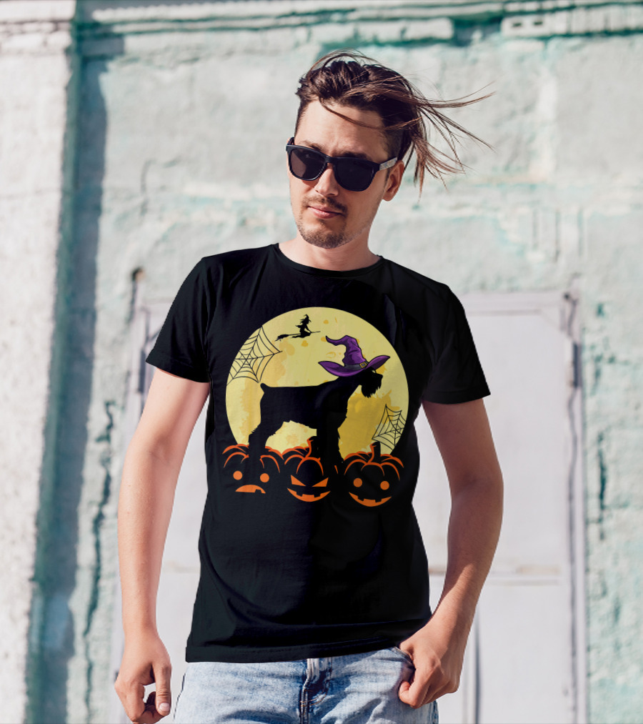 Cute Halloween Schnauzer Dogs Witch Pumpkins And Full Moon T-Shirt