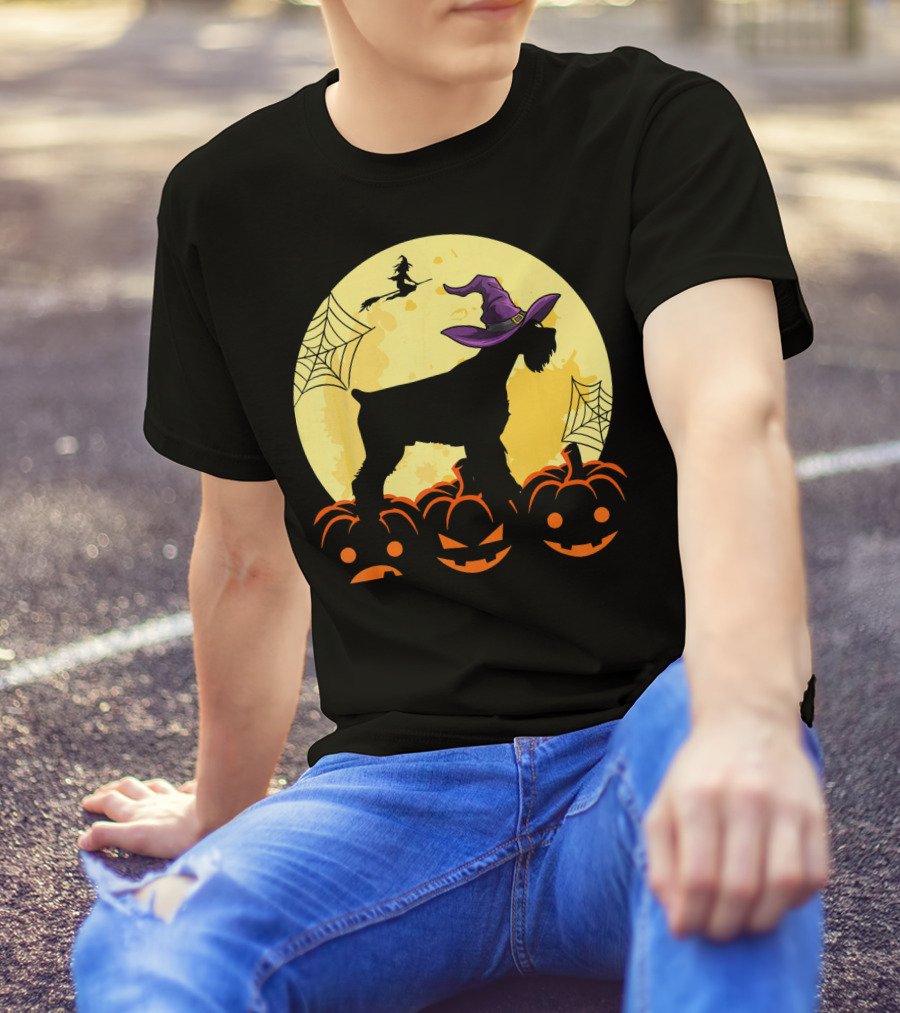 Cute Halloween Schnauzer Dogs Witch Pumpkins And Full Moon T-Shirt