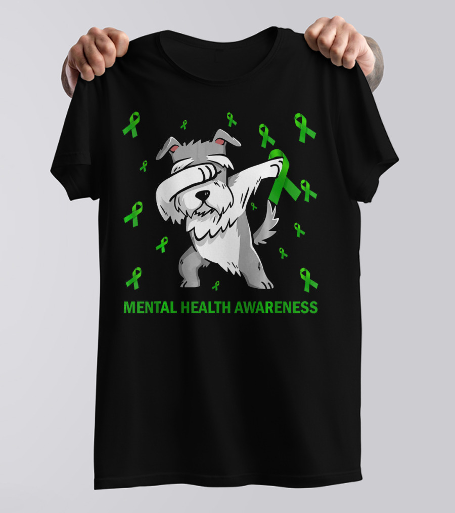 Dabbing Schnauzer Green Ribbon Mental Health Awareness T-Shirt