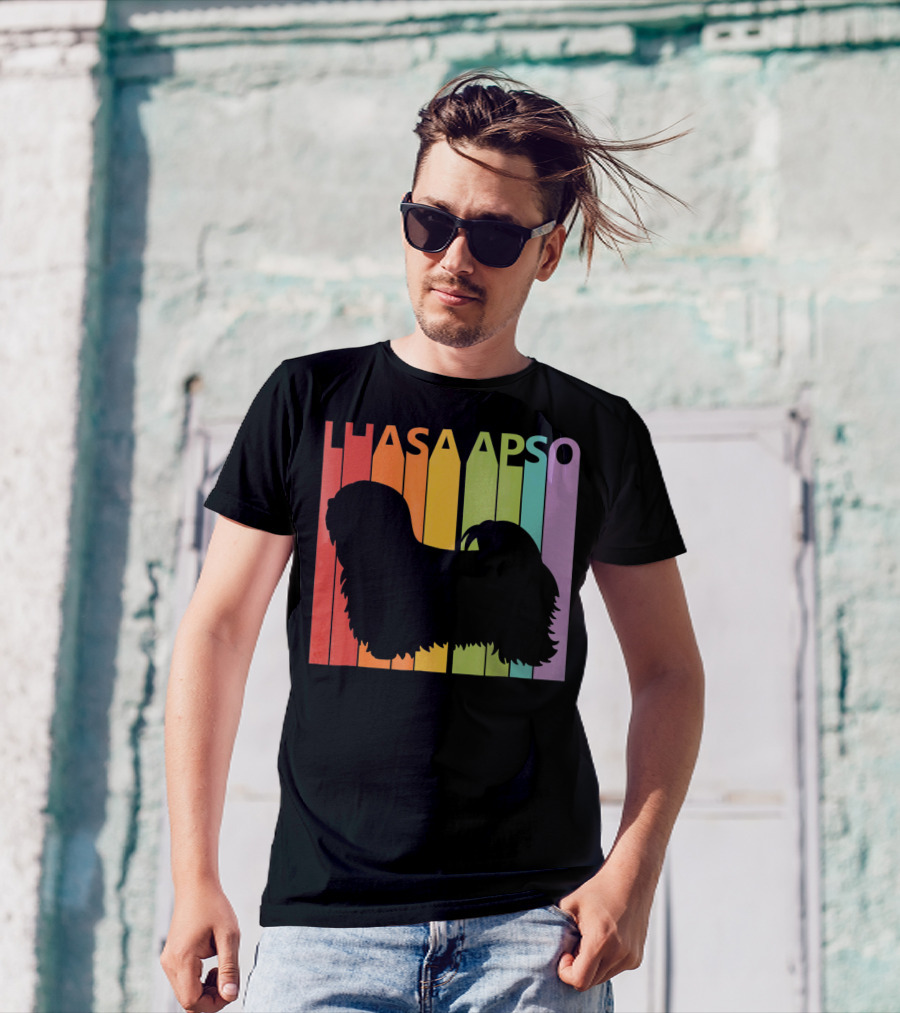Lhasa Apso Dog Silhouette On Retro Rainbow Background T-Shirt