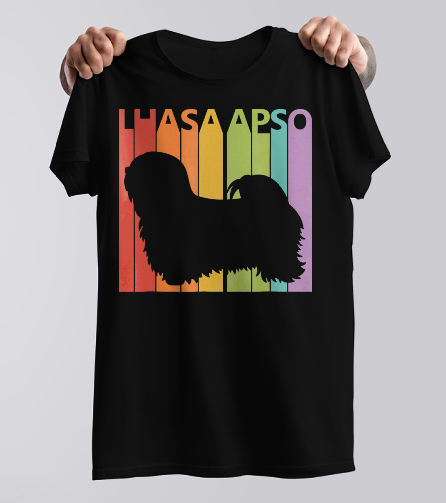 Lhasa Apso Dog Silhouette On Retro Rainbow Background T-Shirt
