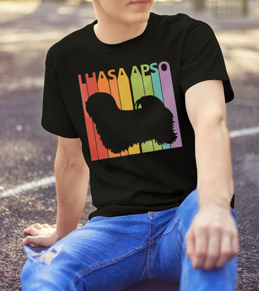 Lhasa Apso Dog Silhouette On Retro Rainbow Background T-Shirt