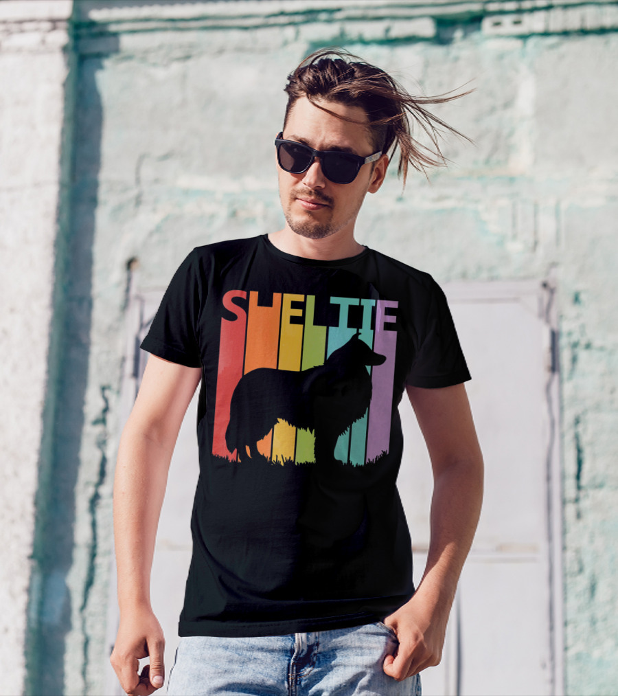 Sheltie Silhouette Retro Rainbow T-Shirt