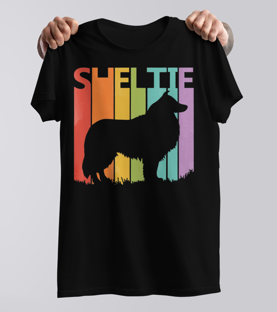 Sheltie Silhouette Retro Rainbow T-Shirt