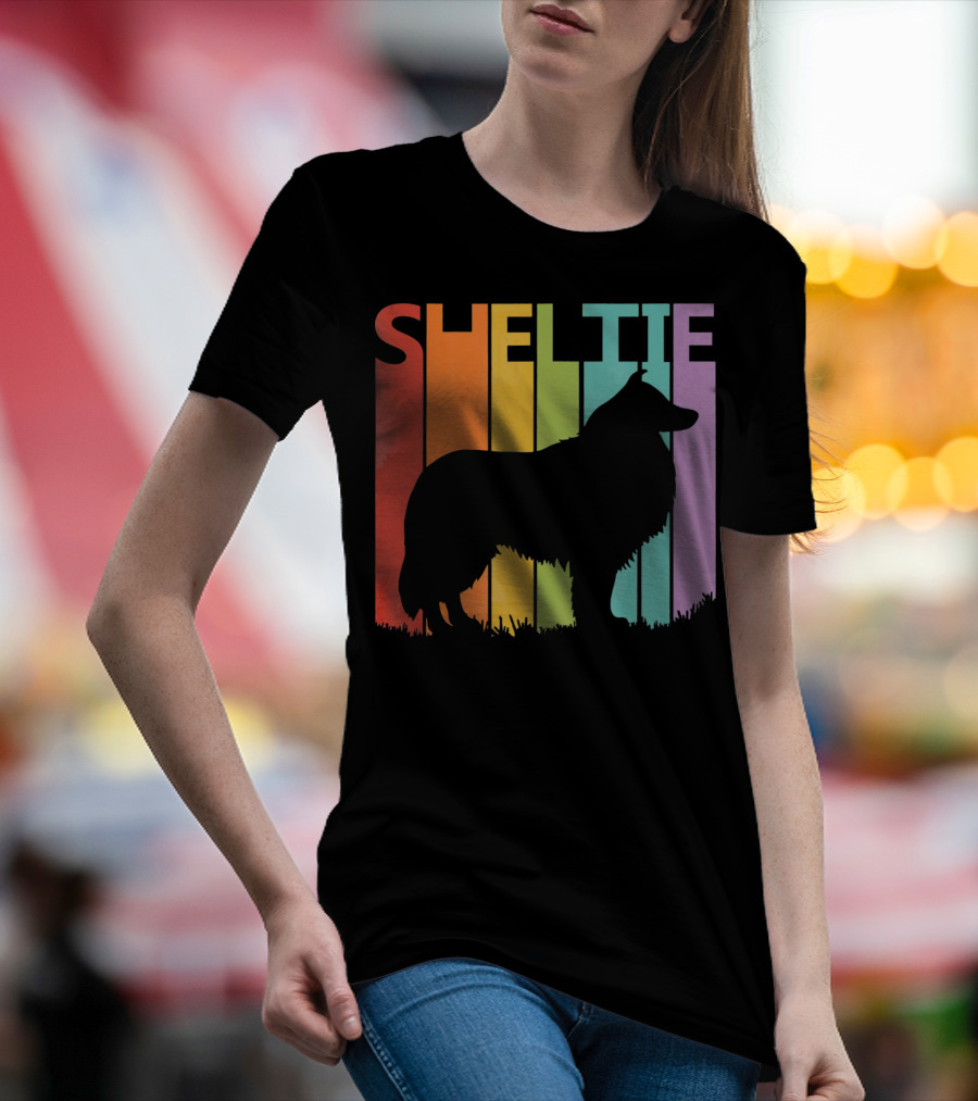 Sheltie Silhouette Retro Rainbow T-Shirt