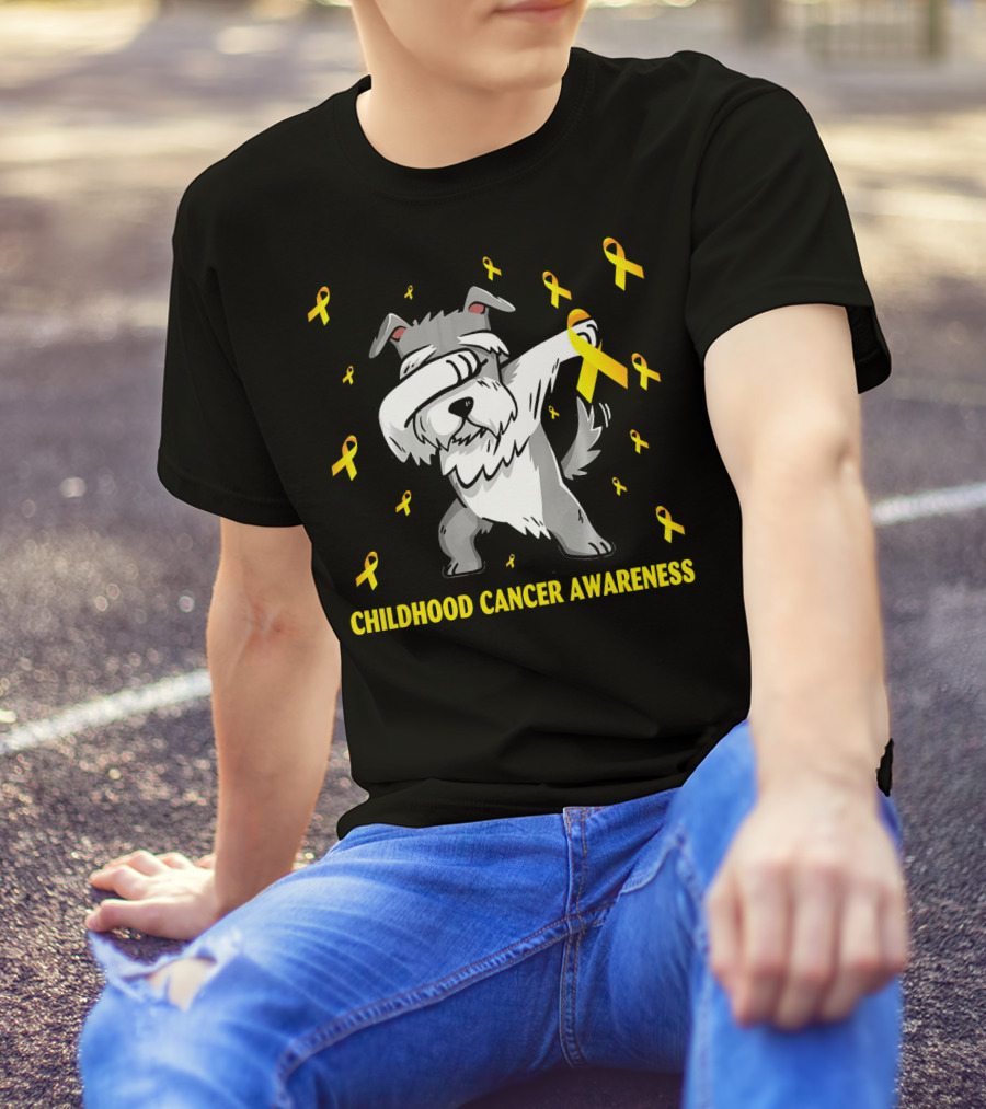 Dabbing Miniature Schnauzer Childhood Cancer Awareness T-Shirt