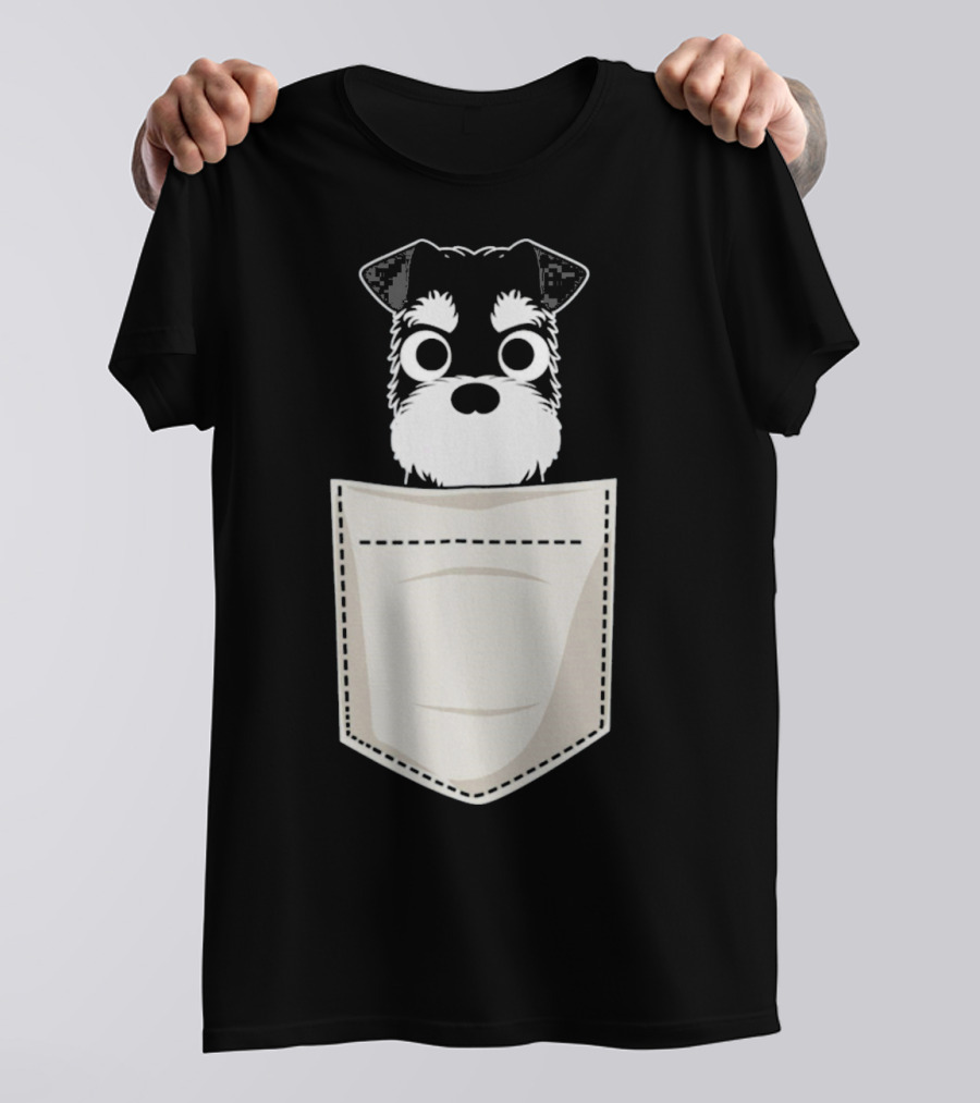 Schnauzer Puppy Peeking From A Pocket T-Shirt