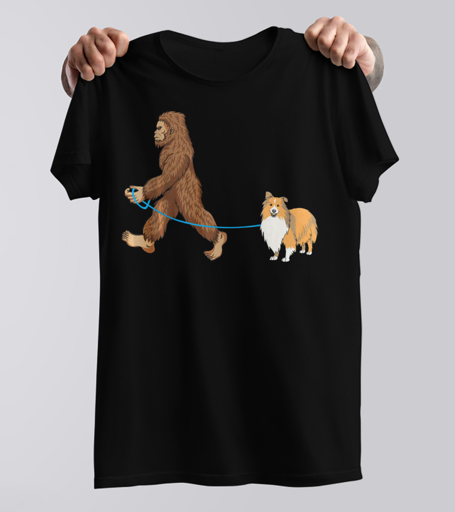 Bigfoot Walking Sheltie Sasquatch Dog Walk T-Shirt