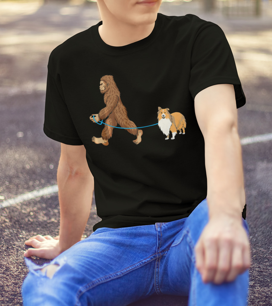 Bigfoot Walking Sheltie Sasquatch Dog Walk T-Shirt