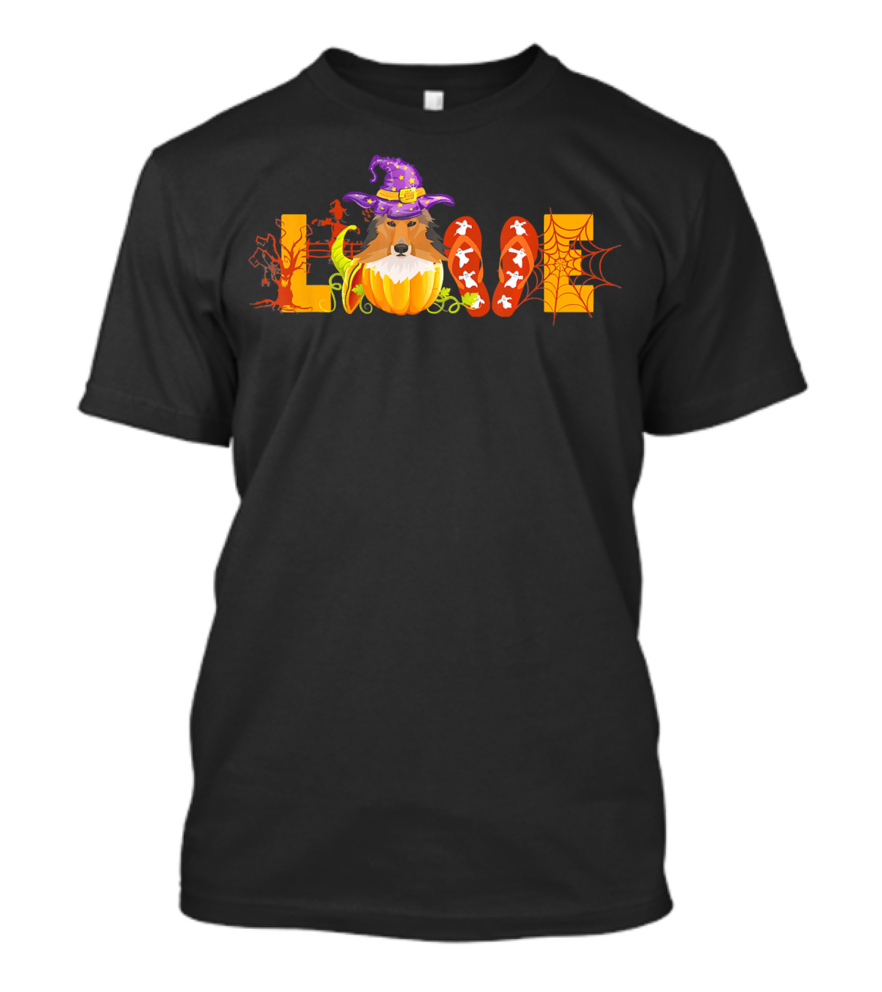 LOVE Sheltie Witch Hat Pumpkin Flip Flop Halloween T-Shirt