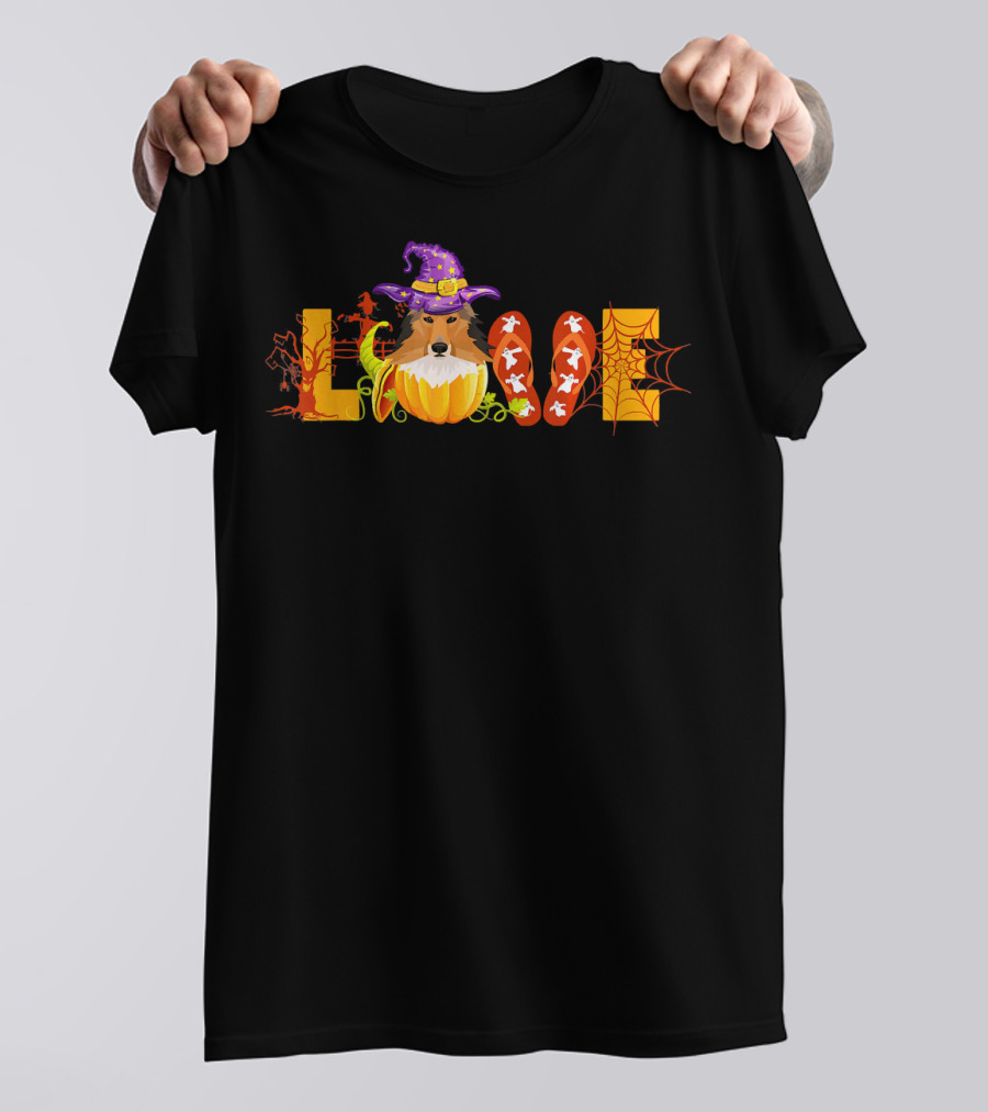 LOVE Sheltie Witch Hat Pumpkin Flip Flop Halloween T-Shirt