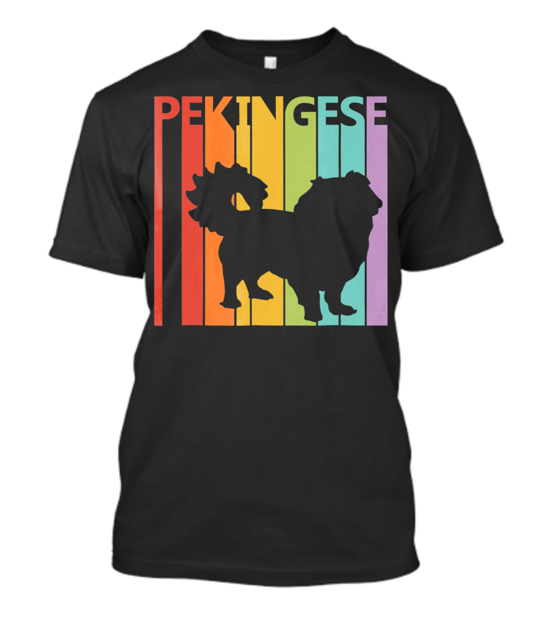 Pekingese Retro Silhouette Rainbow Stripes T-Shirt