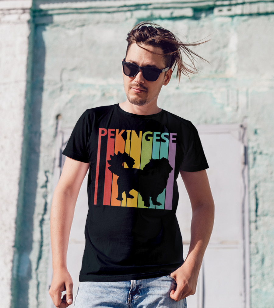 Pekingese Retro Silhouette Rainbow Stripes T-Shirt
