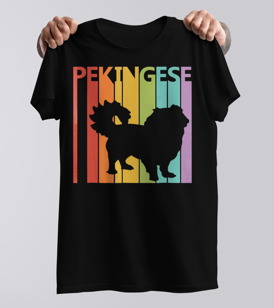 Pekingese Retro Silhouette Rainbow Stripes T-Shirt