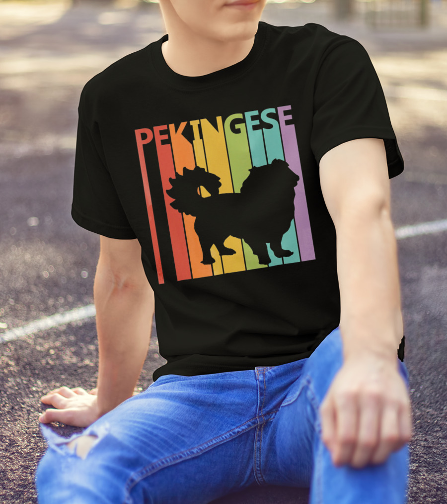 Pekingese Retro Silhouette Rainbow Stripes T-Shirt