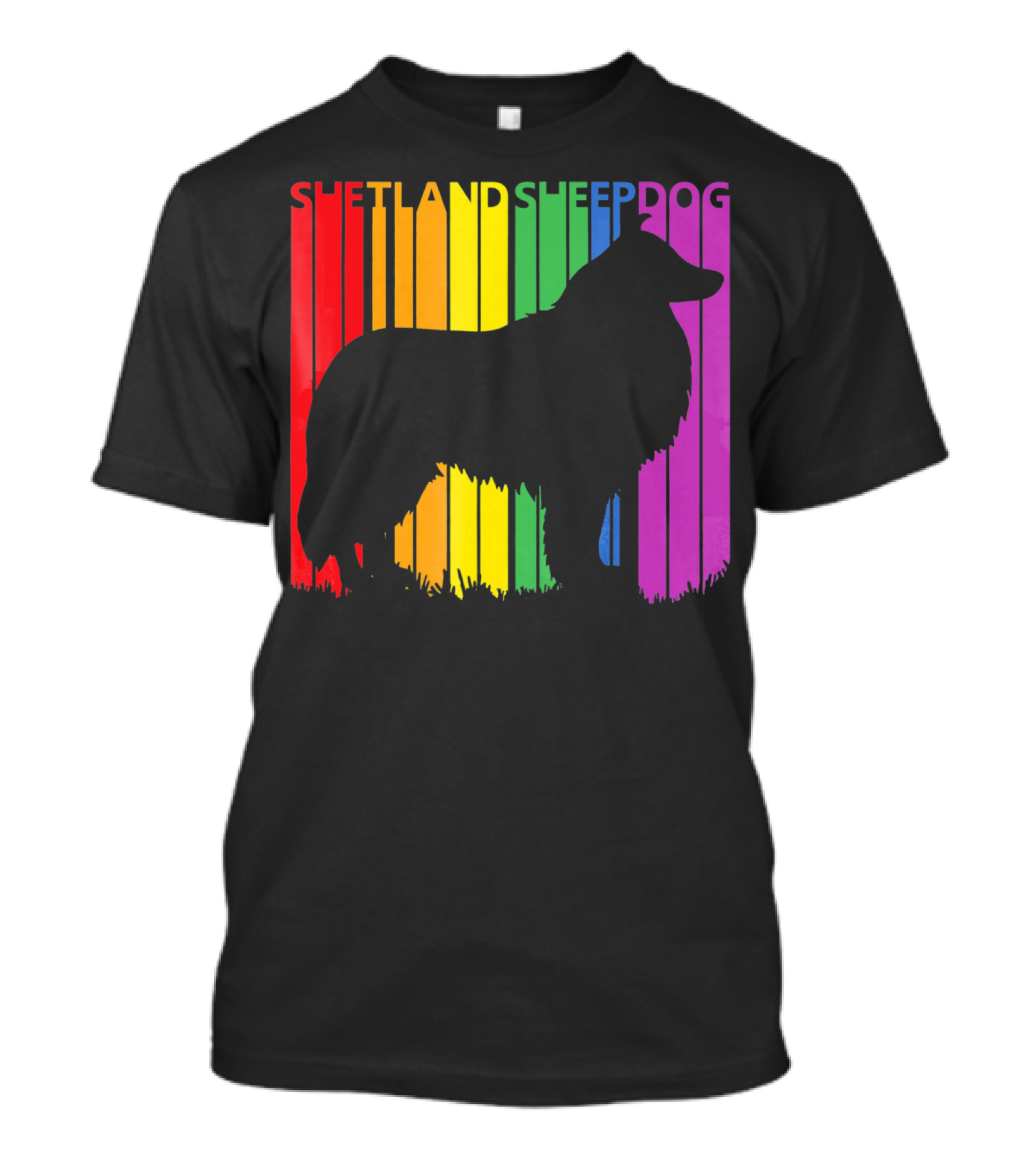 Shetland Sheepdog Silhouette On Rainbow Stripes T-Shirt