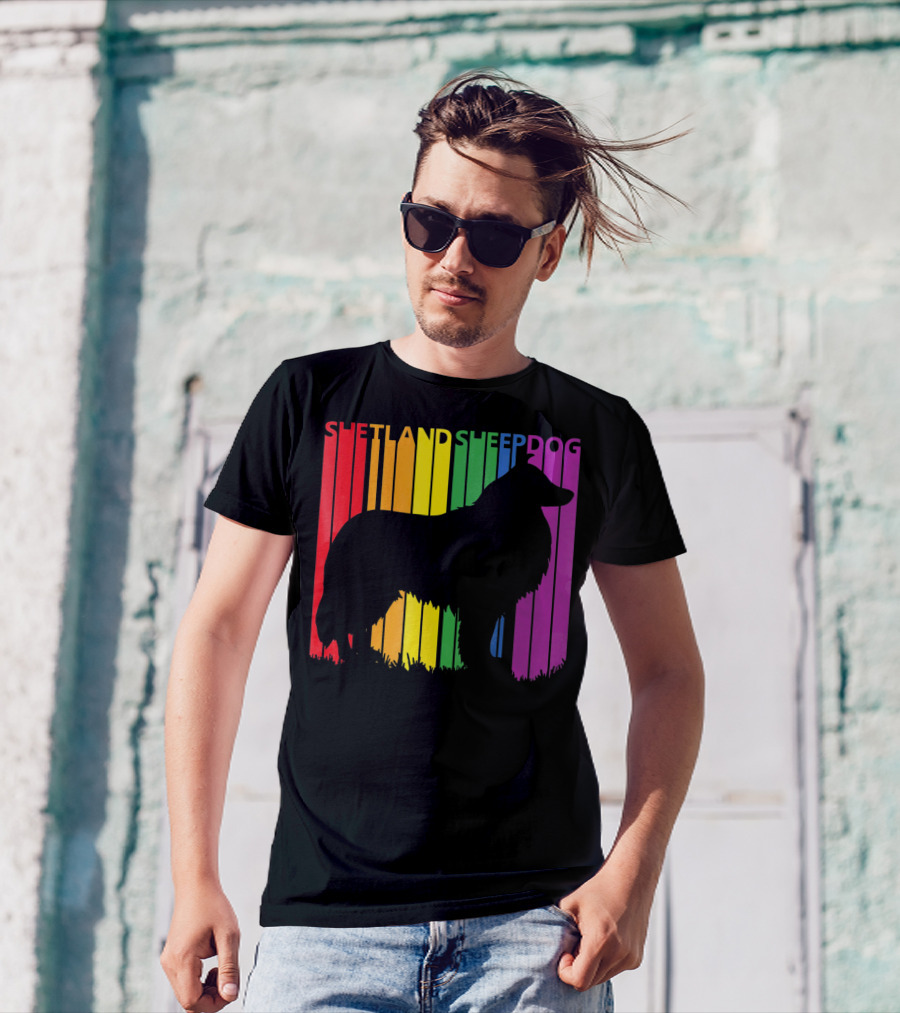 Shetland Sheepdog Silhouette On Rainbow Stripes T-Shirt