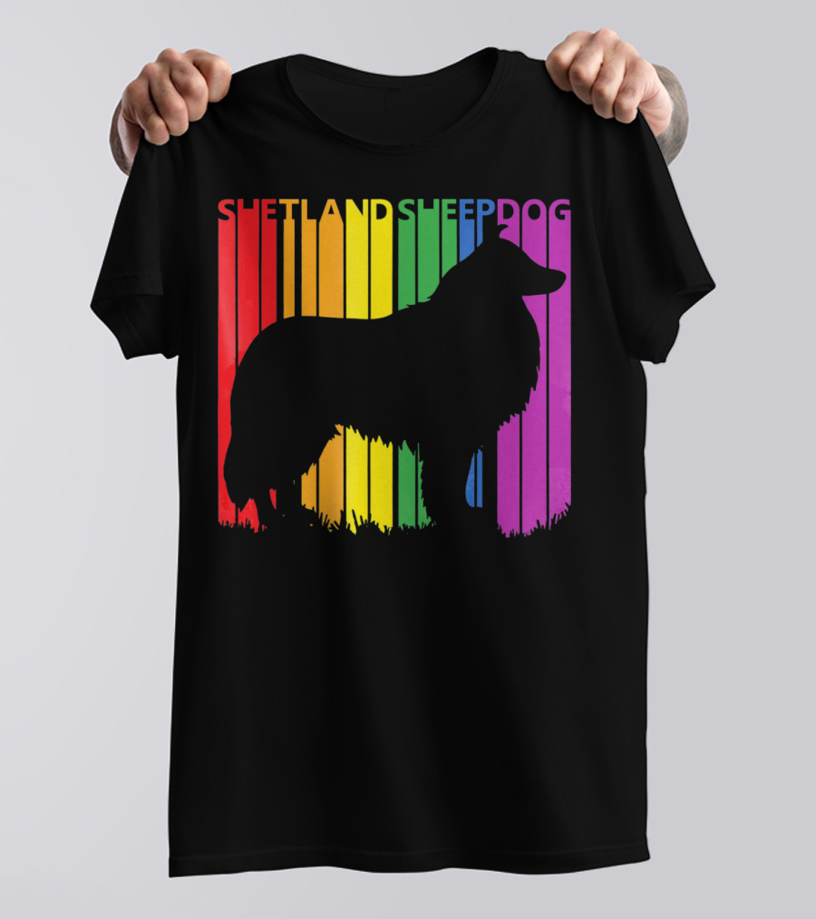Shetland Sheepdog Silhouette On Rainbow Stripes T-Shirt