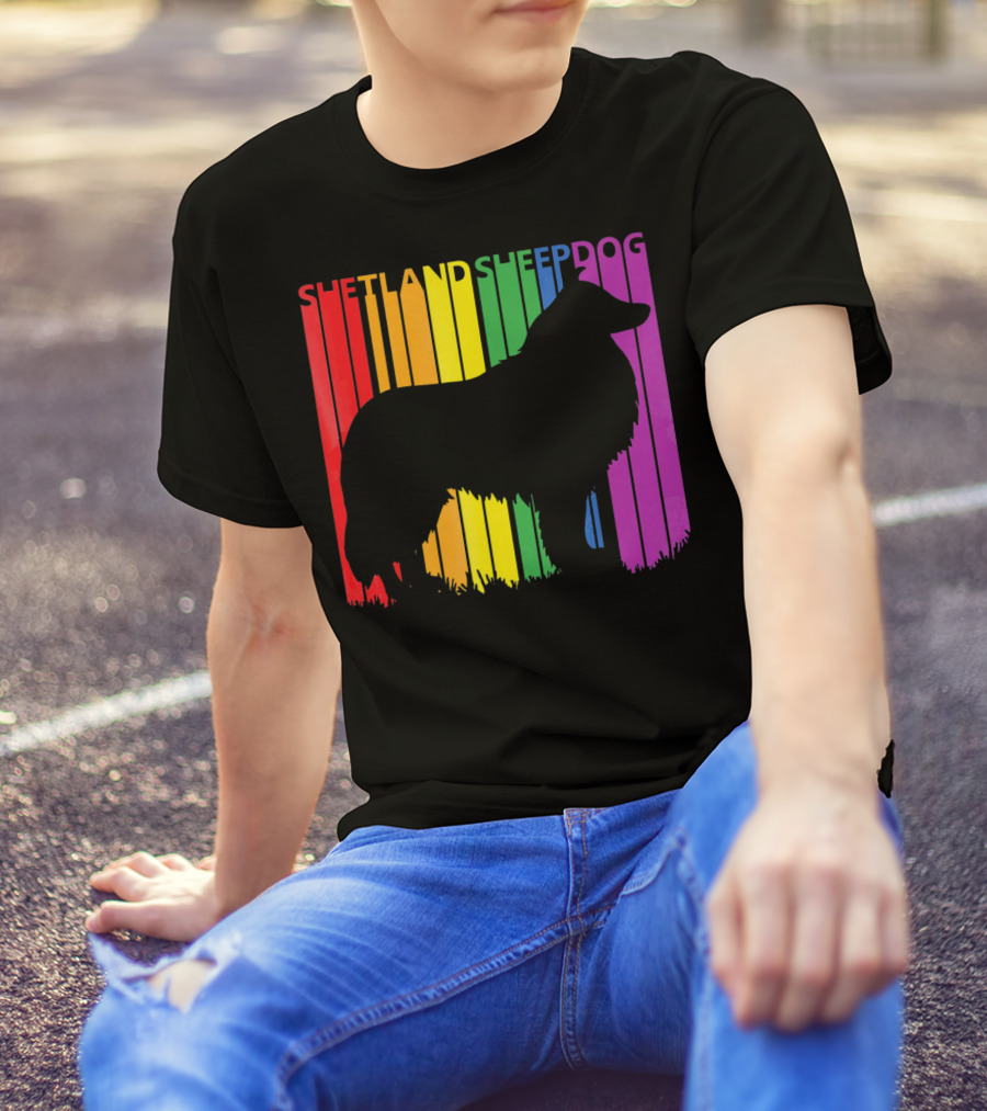 Shetland Sheepdog Silhouette On Rainbow Stripes T-Shirt