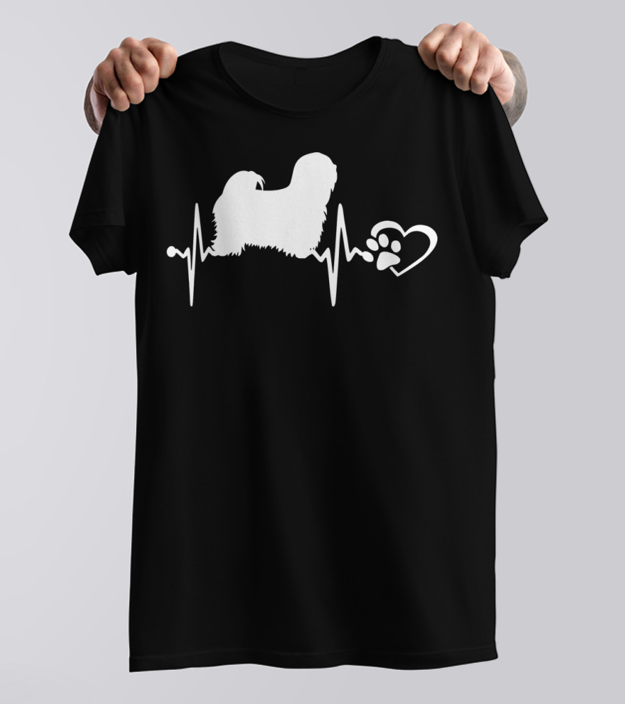 Lhasa Apso Dog Heartbeat Love With Paw Print Heart T-Shirt