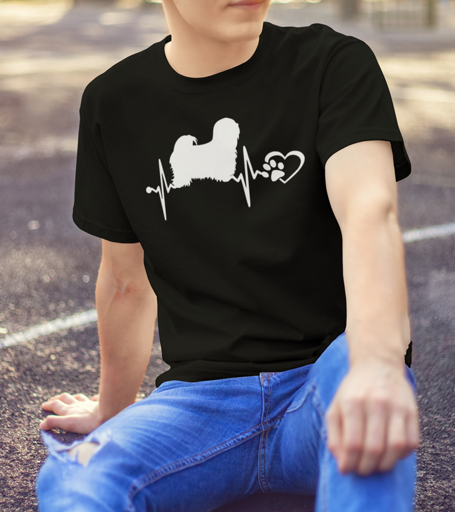Lhasa Apso Dog Heartbeat Love With Paw Print Heart T-Shirt