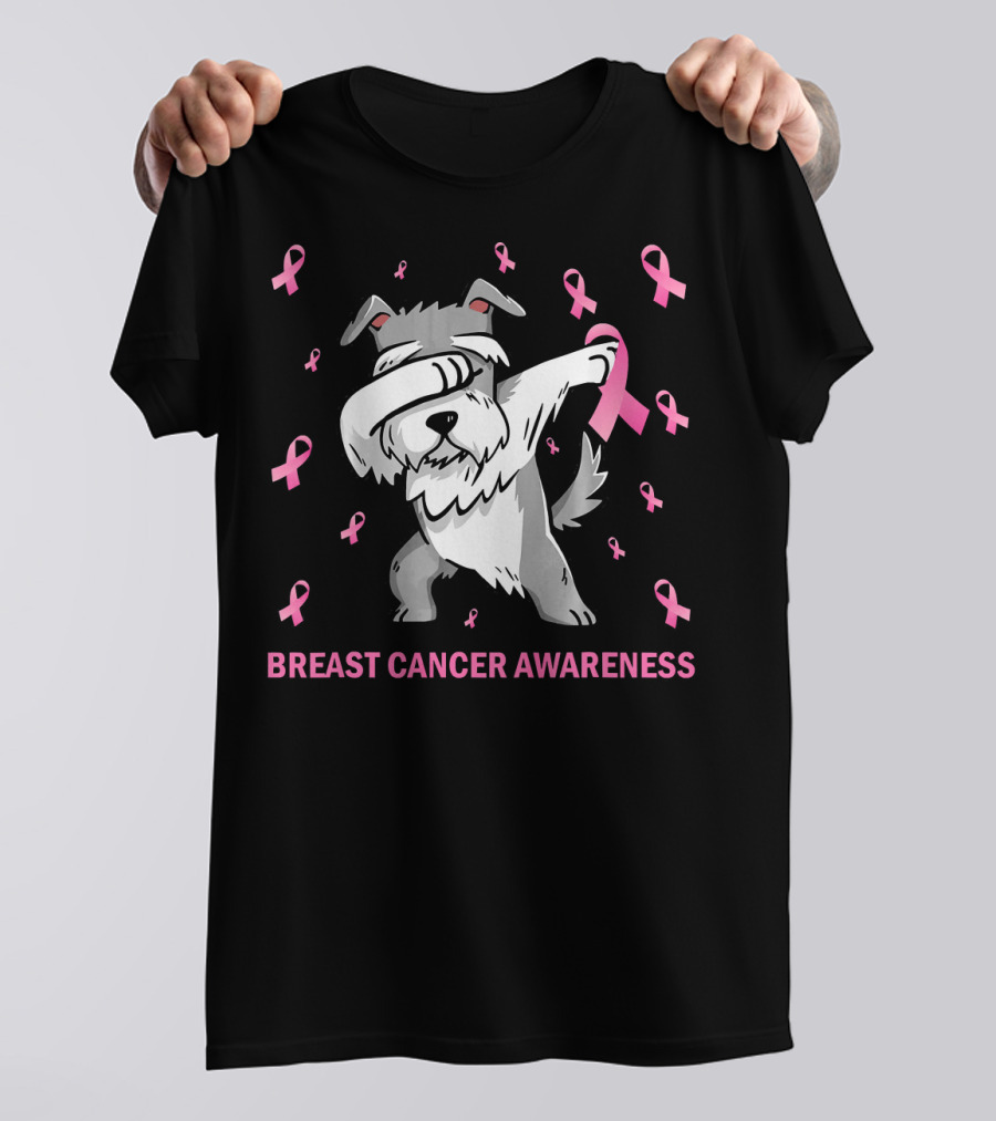 Breast Cancer Awareness Dabbing Schnauzer Pink T-Shirt