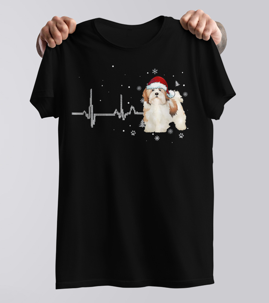 Lhasa Apso Heartbeat Funny Christmas Dog Santa Hat Snowflakes T-Shirt