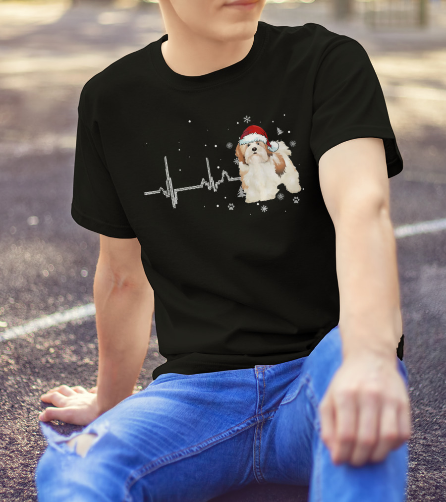 Lhasa Apso Heartbeat Funny Christmas Dog Santa Hat Snowflakes T-Shirt