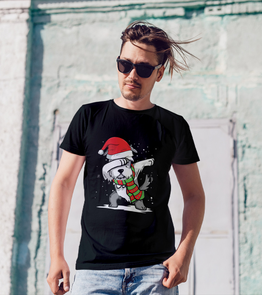 Festive Christmas Dabbing Schnauzer With Santa Hat And Scarf T-Shirt