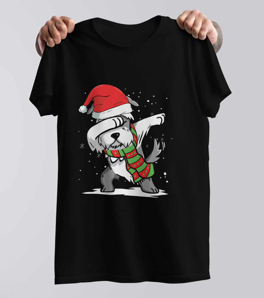 Festive Christmas Dabbing Schnauzer With Santa Hat And Scarf T-Shirt