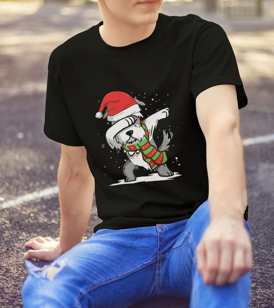 Festive Christmas Dabbing Schnauzer With Santa Hat And Scarf T-Shirt