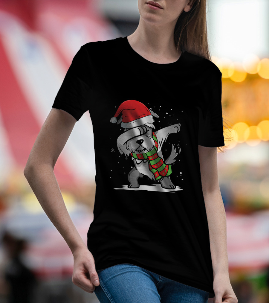 Festive Christmas Dabbing Schnauzer With Santa Hat And Scarf T-Shirt