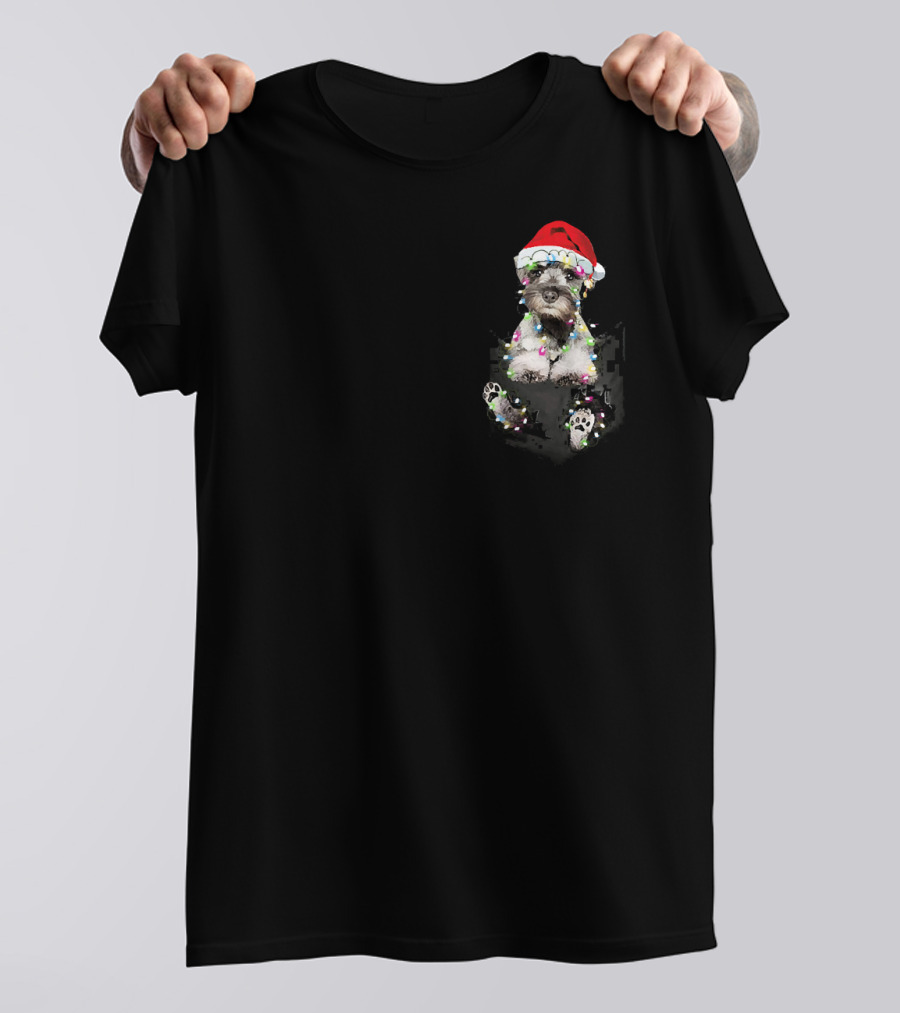 Funny Cute Schnauzer Christmas Lights Santa Hat In Your Pocket T-Shirt