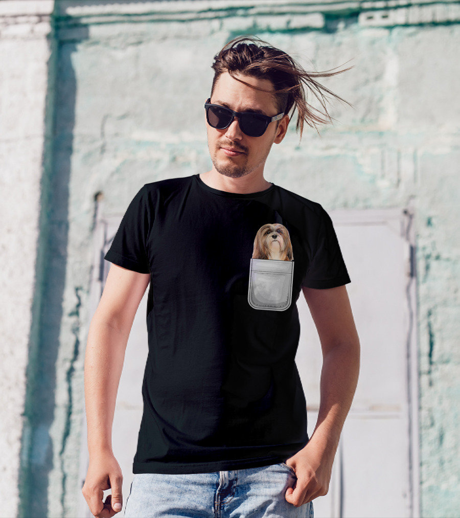 Lhasa Apso Puppy Dog Peeking From Pocket T-Shirt