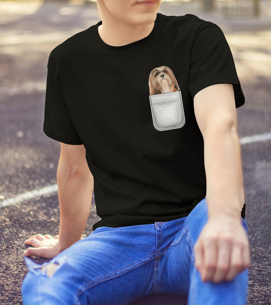 Lhasa Apso Puppy Dog Peeking From Pocket T-Shirt