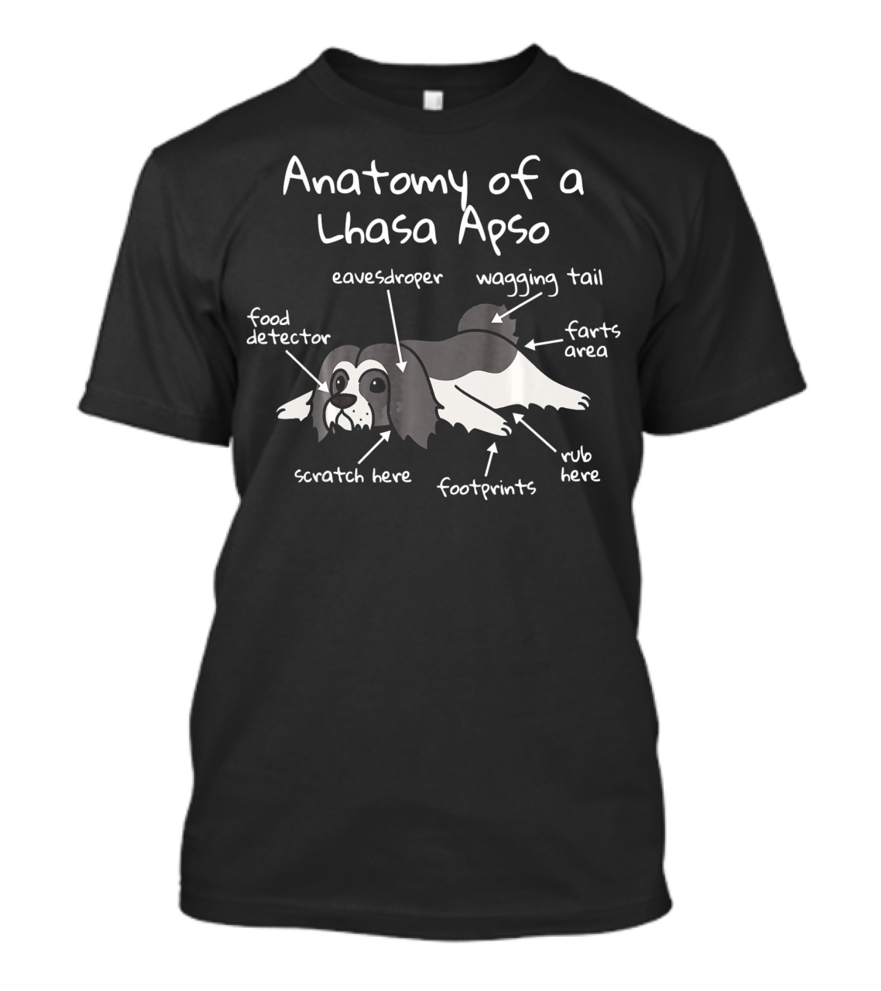 Anatomy Of A Lhasa Apso Eavesdropper Wagging Tail Funny Dog Farts Area Scratch Here Rub Here Footprints Food Detector T-Shirt